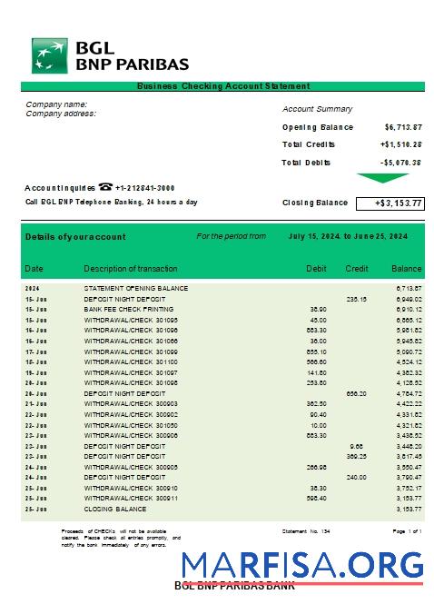 Blank BGL BNP Paribas business checking account statement Word and PDF template scr